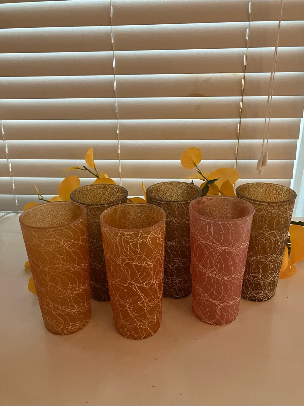 Vintage MCM Spaghetti String Color Craft Vinyl Glasses (6)